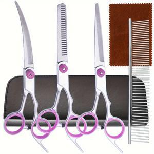 TEMU 전문가용 강아지 그루밍 가위 세트 (곡선 가위 및 빗 포함) | 스테인리스 스틸, 유니버설 핸드 오리엔테이션, 6.5인치 블레이드 길이, 강아지 및 고양이용 반려동물 털 트리밍 키트