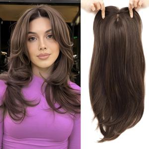 TEMU 22인치(약 55cm) 라이트 골든 & 블레치 블론 혼합 헤어 톱 합성 헤어피스, 스위스 베이스 & 3개 클립 포함, 얇은 머리카락 및 노화에 적합