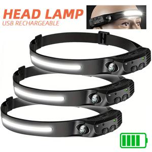 TEMU 학생 기숙사용 다기능 읽기 COB 헤드라이트 3개 세트, 휴대용 모션 센서 디자인 LED 머리 장착 손전등, USB 충전식 가정용 비상 램프