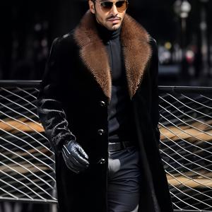 TEMU 남성용 겨울 플러시 따뜻한 코트, 스타일리시 캐주얼 비즈니스 파티 브라운 커피 색상 정장 칼라 블랙 인조 모피 가을/겨울 코트, 플러시 , 편안한 부드러운 따뜻한 롱 코트