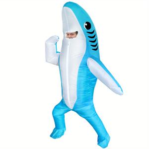 TEMU 성인용 파란 상어 팽창식 코스튬 할로윈 애니메이션 코스프레 상어 어류 회색 상어 마스코트 파티 역할극 Disfraz