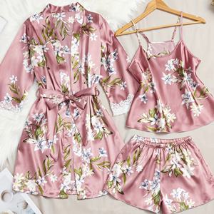 TEMU 청소년 여아 달콤한 플로럴 프린트 나이트가운 편안한 라운드넥 캐미솔 쇼츠 캐주얼 잠옷 세트, 청소년용