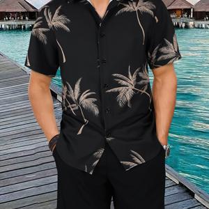TEMU 남성용 봄/여름 싱글 버클 셔츠 칼라, 팜 트리 자카드 반팔, 끈 조절 솔리드 컬러 반바지, 캐주얼 레귤러 슈트