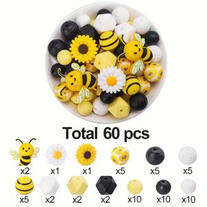 TEMU 꿀벌 디자인의 밝은 노란색 실리콘 비즈 20/60개입. 주얼리, 목걸이, 팔찌, 비즈 펜 제작에 적합하며 파티 및 축제 장식에 사용하기 좋습니다. 다채롭고 튼튼하며 활용도가 높은 공예 재료입니다.