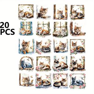 TEMU 공예, 스크랩북, 여행 가방, 노트북, 다이어리, 사진 앨범, 장식 문구 액세서리, 미적 장식 스티커, 발렌타인데이 및 생일 선물로 적합한 정원 고양이 스티커 20매 세트