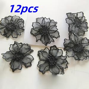 TEMU 세련된 이중 레이어 오간자 꽃 장식 12개 세트. 블랙 플로럴 디자인, 입체식 레이스 장식이 특징이며 프로젝트에 적합합니다. 웨딩 드레스 및 정장에 이상적이며 아름다운 패브릭 장식입니다.