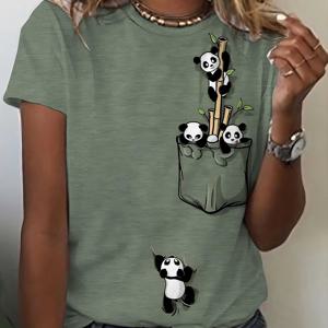 TEMU 여성용 그레이 판다 프린트 티셔츠 - 귀여운 판다 & 반팔 탑, 부드러운 라운드넥 캐주얼 여름 티, 중국 설날 의상 가능, 세탁기 사용 가능한 판다 베어 셔츠