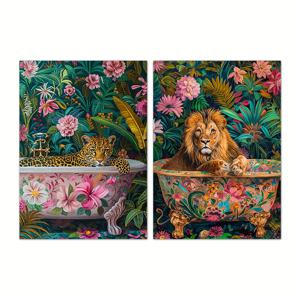 TEMU 2pcs 밝은 정글 테마 아트 프린트 - 사자 & 표범 욕조, 꽃무늬 배경, 프레임 없는 캔버스 벽화 욕실, 거실, 침실 - 현대적인 스타일, 실내 장식, 실내 벽 장식 | 밝은 벽화 | 세부적인 작품, 욕실 장식