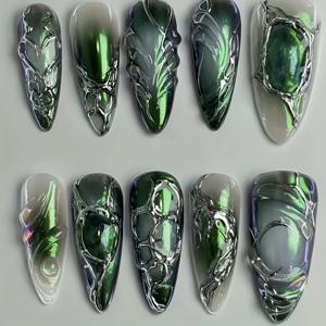 TEMU 여성용 핸드메이드 착용형 네일, 10pcs 세트, 풀 커버리지 스티커, 재사용 가능, 그린 아몬드 스타일, 블랙 & 그린 매직 미러 파우더, 3D 입체 디자인, 캣아이 효과, 광택 마감
