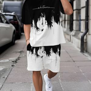 TEMU 남성 프린트 반팔 티셔츠 및 반바지 세트, 통기성 좋은 야외 캐주얼 스포츠 의상, 성인 남성을 위한 여름 3D 프린트 세트