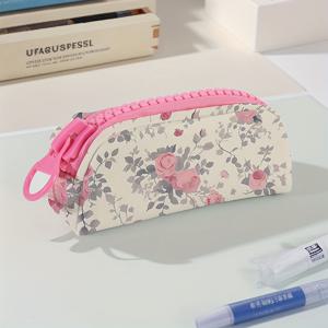 TEMU 잎 장미 패턴 프린트 핑크 대형 지퍼 문구 상자, 대용량 메이크업 가방, 문구 및 학습 용품에 적합한 대형 지퍼 문구 상자