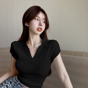 TEMU 여성용 슬리밍 V넥 폴로 반팔 니트 탑 - 단색, 신축성 있는 비스코스 블렌드, 봄/여름용 캐주얼 시크 스타일, 다용도 니트웨어 | V넥 탑 | 세련된 니트웨어