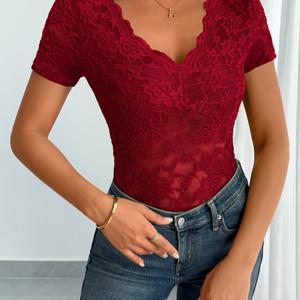 TEMU 2025년 봄 신상 컬렉션, 우아한 여성 프린트 섹시 레이스 V넥 반팔 티셔츠