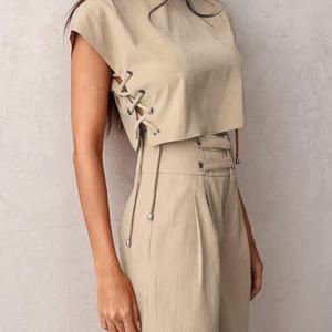 TEMU 여성용 우아한 베이지 폴리에스테르 슈트 - 반소매, 버튼 업 탑 & 봄/여름용 와이드 레그 팬츠, 캐주얼한 의상|우아한 슈트|폴리에스테르 소재