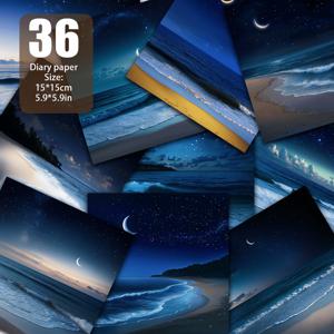 TEMU 조용한 해변의 별이 빛나는 하늘 - 밤에 조용한 해변, 부드러운 파도가 해안을 덮고, 밝은 별이 빛나는 하늘에 달 초승달이 매달려 로맨틱하고 평화로운. 스크랩북 용지, 수제 종이, 배경 장식에 적합한 재료 종이, 수제 쓰레기 일기장, 인사말 카드 만들기, DIY 앨범 사양: 5.9*5.9인치 36매