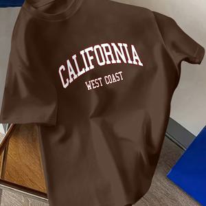 TEMU 남성용 캘리포니아 웨스트 반팔 셔츠 - 커서스 'Calif' & 'West' 레터링, 라운드넥 캐주얼 여름 비치웨어, 캐주얼 복장용 핏 블라우스, 세탁기 사용 가능