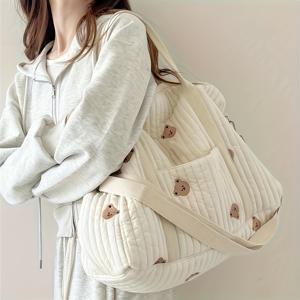 TEMU 크로스백-베어 보스턴 특대형 여행 가방 - 숄더 스트랩이 있는 다용도 엄마 토트백, 귀여운 곰 패턴의 화이트 기저귀 및 필수품 정리함, 간편한 보관을 위한 멀티 포켓 디자인, 이동이 잦은 엄마에게 완벽한 가방, 부모용 가방, 뷰티 수납 파우치, 뉴트럴 스타일 기저귀 가방, 튼튼한 스트랩