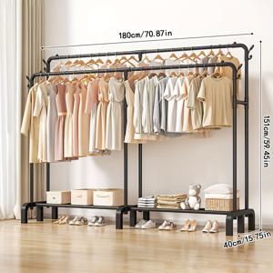 TEMU 1개 헤비듀티 조절 가능한 스탠딩 금속 옷걸이 - 더블 바 & 신발/모자 스탠드 포함, 튼튼한 블랙 바닥 의류 정리대, 공간 절약형 수직 보관대, 옷장, 발코니, 아파트용 - 간편 조립, 도구 불필요|모자|신발|신발정리대