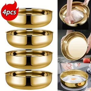 TEMU 4개 대용량 골드 스테인리스 스틸 샐러드 볼 및 믹싱 바인 세트. 쉬운 세척을 위한 반짝이는 광택 표면, 공간 절약을 위한 쌓을 수 있는 디자인. 요리, 베이킹 및 서빙에 적합.