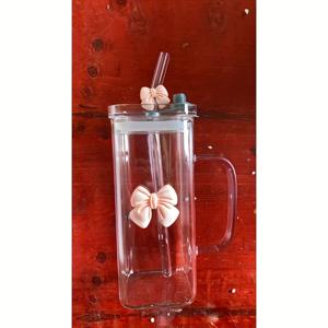 TEMU 1개 400ml/14oz 유리 텀블러 (빨대 및 손잡이 포함) - 크리스마스, 할로윈용 | 내열성, 투명 핑크 리본 디자인 | 재사용 가능한 컵, 홈, 오피스 & 여행에 이상적 | 발렌타인데이, 추수감사절 선물 (재사용 머그) | 시각적으로 인상적인 음료 용기|텀블러