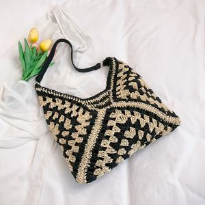 TEMU 여성용 웨이브 비치 토트백 블랙 & 베이지 - 대형 싱글 숄더 스트로 백, 봄과 여름 패션 매칭에 완벽한 여름 비치백 | 기하학 패턴 백 | 패션 디자인 여성 가방/투톤 컬러