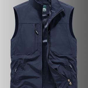 TEMU 남성용 새로운 봄/여름 캐주얼 민소매 낚시 조끼. 다중 포켓, 단색, 스탠드 칼라 디자인으로 사진 및 낚시에 적합. 신축성 없는 원단으로 제작.