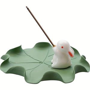 TEMU 세라믹 토끼 모양의 향을 내지 않는 인센스 홀더 - 녹색 잎 베이스, 집 장식, 축제 시즌, 휴식에 완벽, 축제 홈 장식 | 재미있는 디자인 | 내구성 있는 세라믹