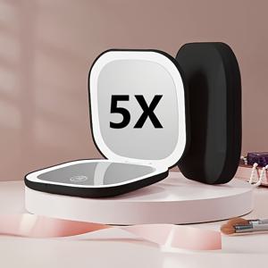 TEMU 1개 듀얼라이트 LED 메이크업 거울, 양면 1X & 5X, 3단계 밝기 조절, 5배 확대 미니 여행용 접이식 휴대용 조명 화장거울, 홈 오피스 선물 휴가 선물
