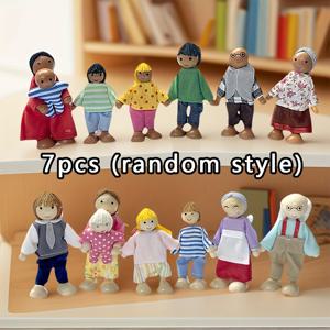 TEMU 7개 세트, 랜덤 스타일, 기차 모델용 나무 만화 일곱 식구 피규린, 책상 장식품 장식 예술품, 생일 선물