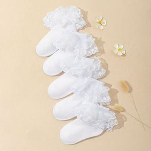 TEMU 여아용 단색 패셔너블 레이스 양말 5켤레, 통기성 좋은 메쉬 소재로 편안하고 다용도로 사용 가능한 숏 삭스, 공주 춤에 적합