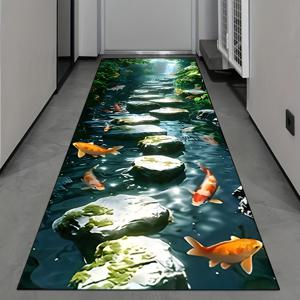 TEMU 세탁 가능한 폴리에스터 러너 매트, 생동감 있는 코이 물고기 디자인 - 5mm 두께, 복도, 주방, 식당, 거실, 입구, 침실, 세탁실, 공부실, 농가 장식, 주방 바닥 매트 | 생동감 있는 코이 물고기 디자인 | 내구성 있는 바닥 커버, 세탁 가능한 지역 매트