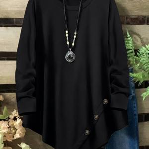 TEMU 플러스 사이즈, 플러스 사이즈 루즈핏 긴팔 캐주얼 여성 상의 - 버튼 디테일 & 비대칭 밑단