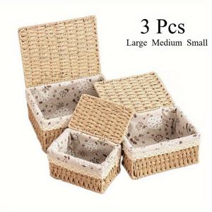 TEMU 3개 세트 노르딕 핸드메이드 뚜껑 포함 수납 바구니 | 데스크탑 메이크업 정리함, 속옷 빨래바구니 | 홈 기숙사 캠핑 오피스용 | 추수감사절 할로윈 크리스마스 선물, 크리스마스에 딱 좋은 선물, 선반 바구니