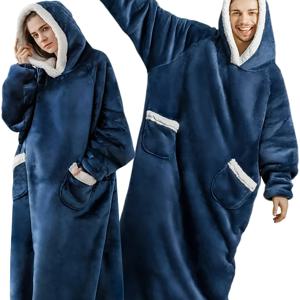 TEMU 1개 후드 담요, 부드럽고 편안한 긴 플란넬 후드 풀오버 수면 가운, 가을 겨울용 두꺼운 TV 담요, 스웨트셔츠 TV 담요, 발목 길이 홈웨어