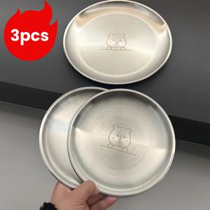 TEMU 귀여운 곰돌이 디자인의 고급 스테인리스 스틸 디너 플레이트 3개 세트. 크기는 6.7인치이며 파스타, 스테이크, 디저트에 적합합니다. 이 접시들은 쌓을 수 있으며 세척이 용이하고 파손 방지 기능이 있어 주방에 이상적입니다.