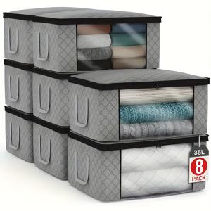 TEMU 8개 세트 투명 창문이 있는 헤비듀티 접이식 보관백 - 35L 대용량 옷장, 침대 밑, 이사, SUV 트렁크 정리용 - 공간 절약형 차고, 다락방, 여행용 수납 가방 - 편한 손잡이 디자인, 견고한 핸들 지원, 홈 오거나이저 및 이동용