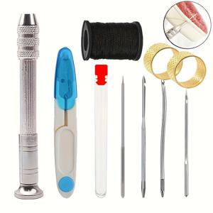 TEMU 6/10개 합금 가죽 솔기 키트 (50m 나일론 실, 바늘 4개, 손가락 보호대, 가위 및 바늘 보관 병 포함) - 인조 가죽 DIY, 신발 가방 수리 및 캔들 만들기에 적합