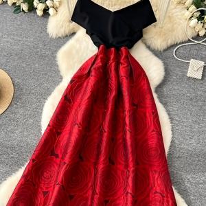 TEMU 우아한 원숄더 플로럴 자카드 드레스 | V넥, 컬러 블록 패턴, 모든 계절에 적합