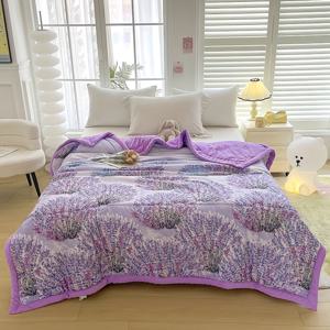 TEMU 울트라 소프트 담요 - 생기 넘치는 라벤더와 플로럴 패턴, 뒤집힘 없는 충전재, 세탁기 사용 가능, 트윈/퀸 사이즈, 여름과 겨울 에디션, 폴리에스터 혼방, 계절별 편안함 | 플로럴 프린트 담요 | 세탁기 사용 가능 담요