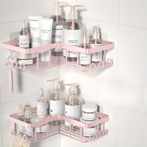 TEMU 핑크 2팩 욕실 수납 선반, 12개의 후크가 있는 코너 스틱온 샤워 랙, 드릴링 없는 벽걸이 랙