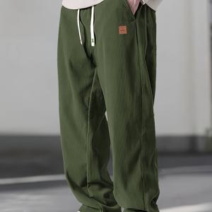 TEMU 트렌디한 남성용 코듀로이 바지, 루즈 컷, 드로스트링 허리, 가죽 라벨 장식, 간편하고 우아함|냉장고바지|남자바지|바지