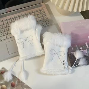 TEMU 겨울에 완벽하며 트렌디한 학교룩을 연출하기에 유용한 라인스톤 리본이 달린 따뜻하고 포근한 반장갑