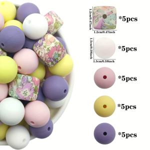 TEMU 25개 플로럴 워터마크 스퀘어 & 라운드 실리콘 포컬 비즈 - DIY 핸드메이드 가방 체인, 폰 체인, 팔찌, 목걸이, 키체인 및 주얼리 장식용