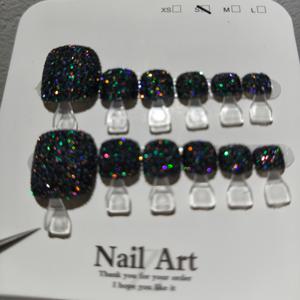 TEMU 10+2개 블랙 오로라 글리터 발톱 팁, 핸드메이드 탈부착 가능한 인조 네일 스티커, 봄/여름 반짝이는 별빛 미세 글리터 신선한 스타일