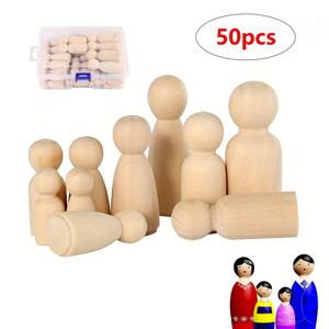 TEMU 파티 장식을 위한 상자 포함 50개 미완성 나무 페그 인형 세트 - 클래식 공예, 홈 데코, 장식 - 다양한 남성 및 여성 가족 인물, 인조 나무 재질, 파티 테이블의 센터피스 장식에 적합