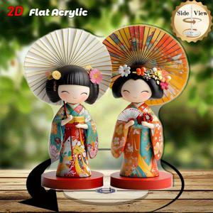 TEMU 2D 플랫, 회전 가능한 비닐 일본식인형 - 수레얼풍 기모노를 입은 우산을 든 소녀, 책상 & 홈데코용으로 실내외 분위기 연출에 완벽한 2D평면 오피스 장식품-선물로 최적의 아이디어