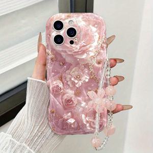TEMU 투명한 크리미 폰 케이스, 핑크 플로럴 디자인과 핑크 스트랩 체인 포함, 애플 시리즈 11, 12, 13, 14, 15, 16 Pro Max 및 삼성 시리즈 A05, A15, A25, A35, A55, S23, S24 Ultra, S25 Ultra 호환