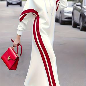 TEMU 2025년 가을 여성용 우아한 드레스, 레드 앤 화이트 컬러 블록 후드 드레스, 데일리 외출/통근을 위한 롱 캐주얼 및 다용도 의상, 여성용 우아한 후드 스플라이스 플리스 긴팔 가을/겨울 후드 드레스