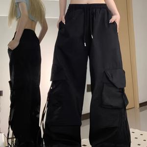 TEMU 여성 캐주얼 긴 바지, 스트리트 댄스 루즈핏 와이드 레그 트라우저, 탄성 허리 밴드 디자인, 세탁기 사용 가능한 오피스 캐주얼 바지, 하이웨이스트 여성 트라우저, 포켓 디자인, 여성 블랙 긴 바지