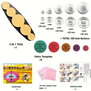 TEMU 노란색 버튼 커버 툴킷은 범용 도구와 버튼 100세트, 버튼 커버, 장식 커버 버튼, 수제 플라스틱 몰드를 특징으로 합니다.